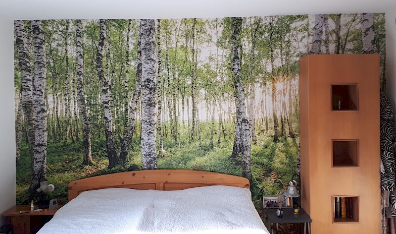 Anbringen einer Fototapete im Schlafzimmer